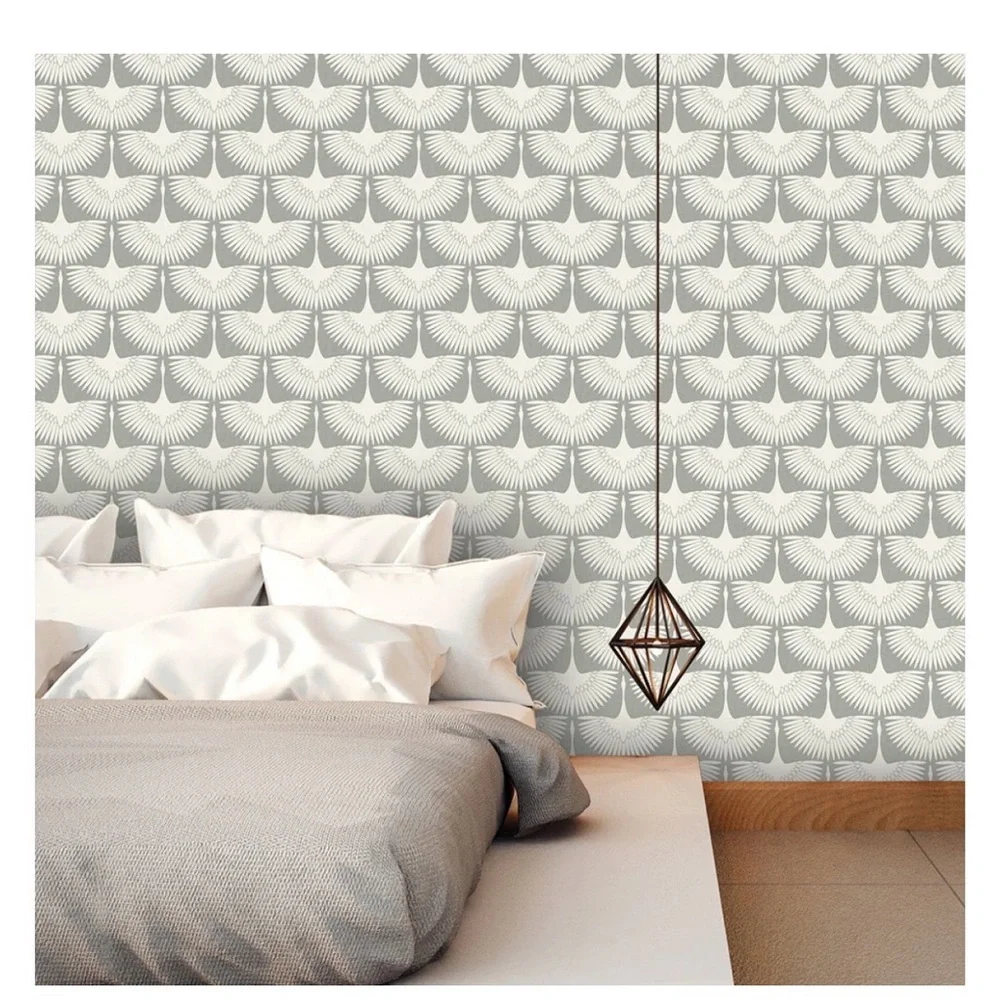 New Sealed TEMPAPER grey Feather Flock chalk self- adhesive, removable Wallpaper